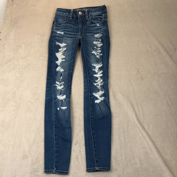 American Eagle Outfitters Womens Jeans Size 00 Blue Denim Distressed Jeggings - Picture 12 of 13